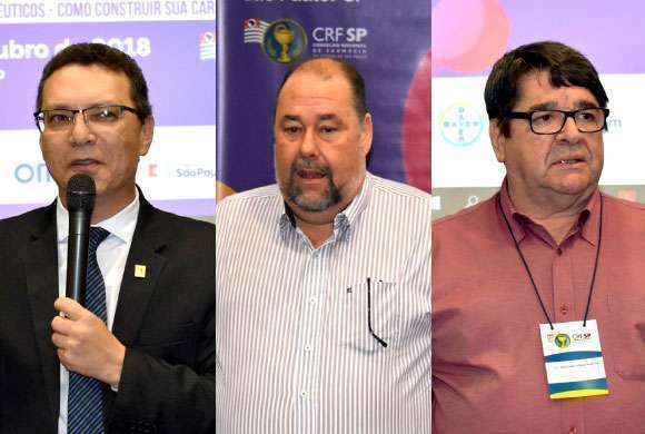 Dr. Marcos Machado (presidente do CRF-SP); Dr. Antonio Geraldo dos Santos Jr. (vice-presidente) e Dr. José Vanilton de Almeida, ministrantes do evento