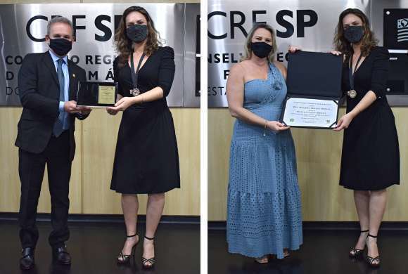 Dr. Marcelo Polacow e dra. Luciana Canetto entregam a medalha e o diploma a Dra. Alexandra Fidêncio 