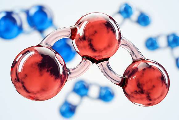 Três circulos vermelhos interligados formando a molécula do ozõnio