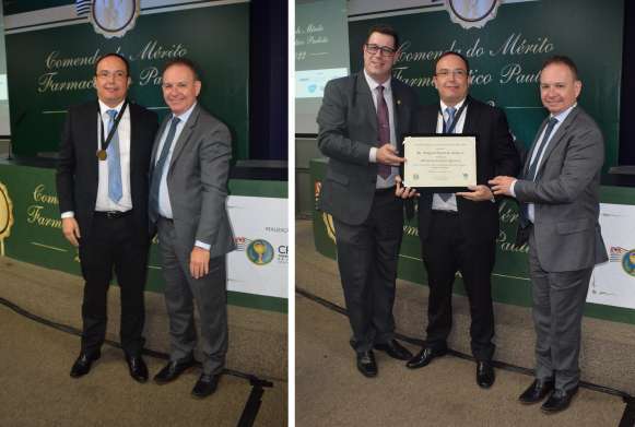 Dr. Marcelo Polacow e Dr. Adriano Falvo fizeram a entrega da homenagem ao Dr. Rogério Gomes da Silveira 