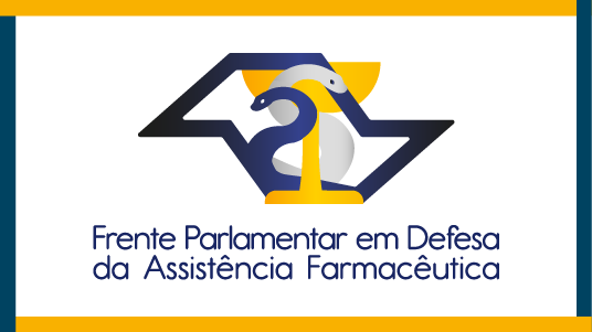 Logotipo da Frente Parlamentar em Defesa da Assistência Farmacêutica, nomenclatura escrita em azul dentro de um retangulo com as laterais azuis e amarelas e acima um mapa do estado de são paulo com a cobra que é o simbolo da Farmácia 